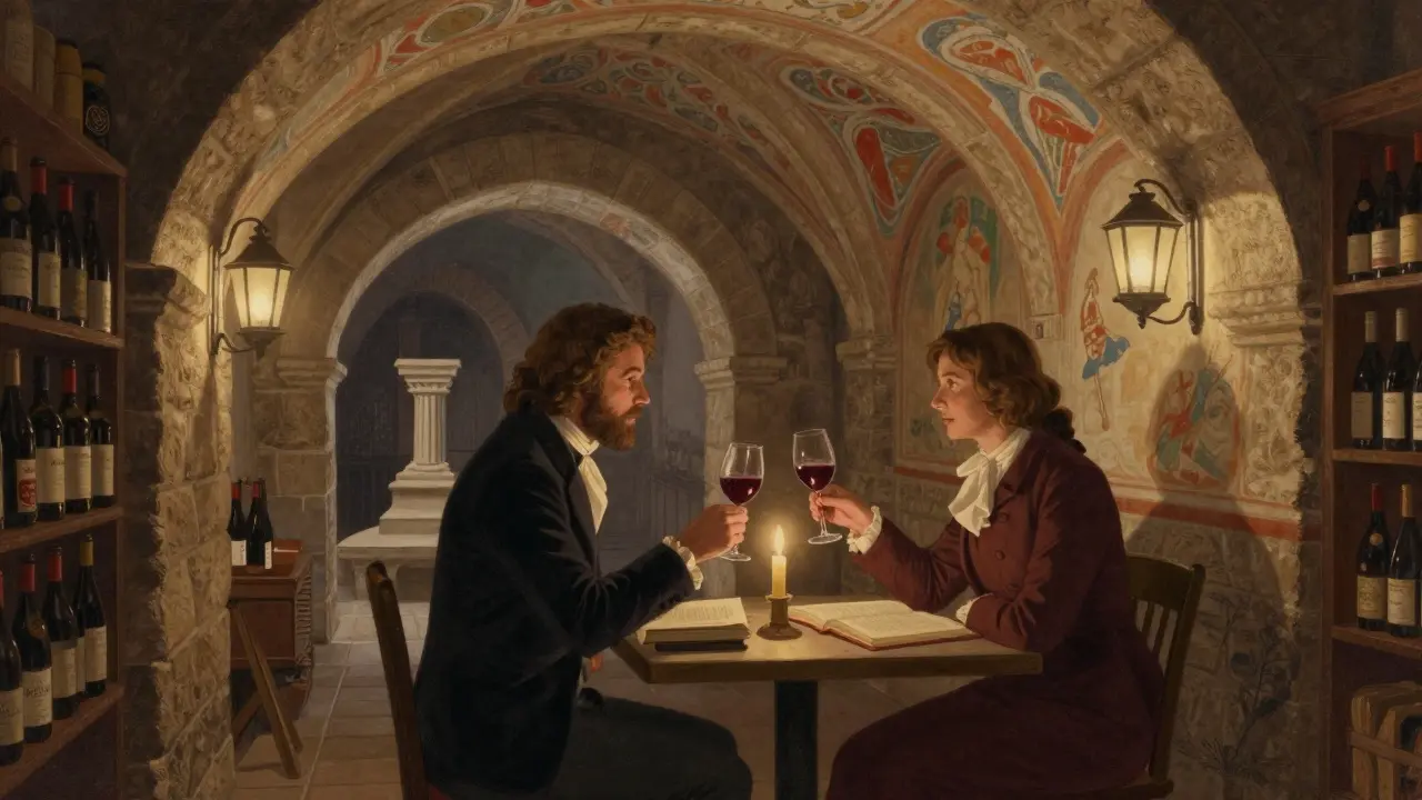Two people enjoy a private wine tasting in a hidden cellar beneath ancient stone arches, with books and vintage bottles around them.
