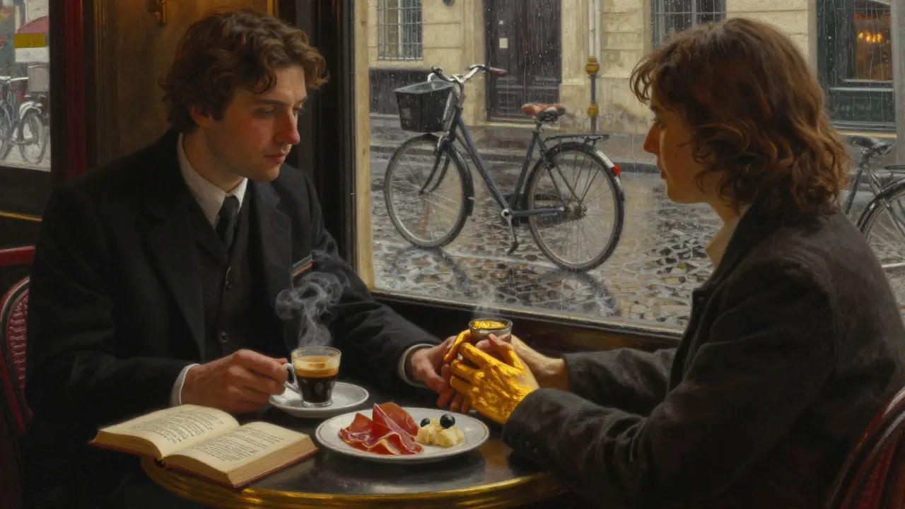 Two people in a dim café sharing espresso and poetry, rain streaking the window behind them.