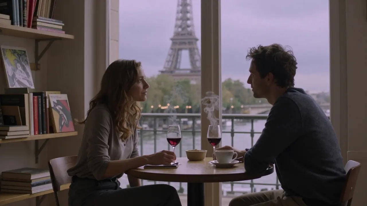 Two people sit at a quiet apartment table in Paris, sharing wine and conversation with the Eiffel Tower visible through the window.