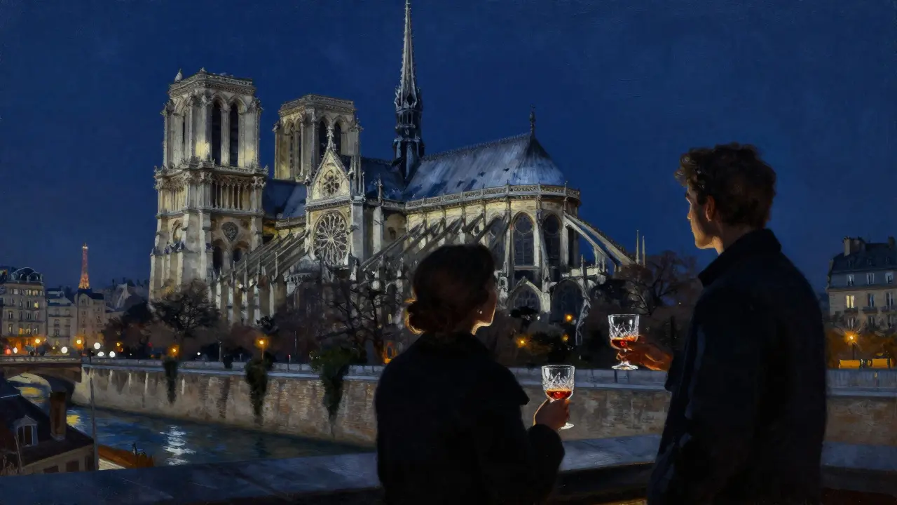 Two silhouettes on a midnight rooftop terrace overlooking Notre-Dame, sipping cognac as the city glows softly in the distance.