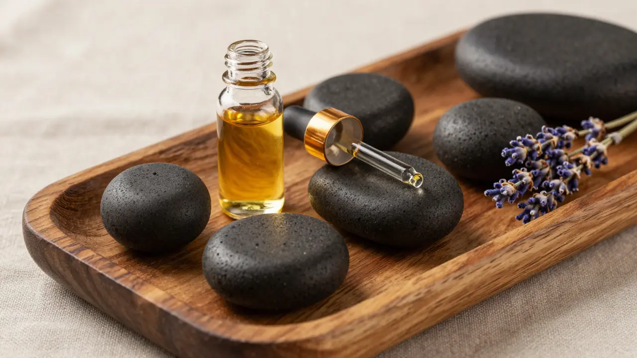 Volcanic stones and essential oils on a wooden tray.
